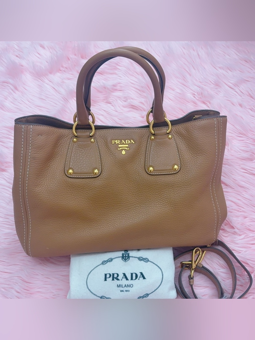 Prada Naturale Vitello Daino Leather Shopping Tote Shoulder Bag BN2104